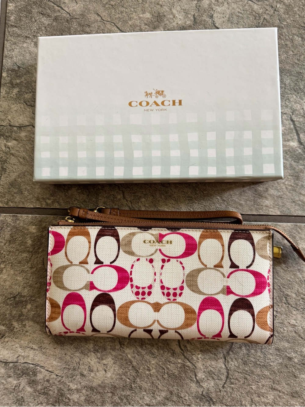COACH Signature Print Wristlet Wallet in Pink & Brown